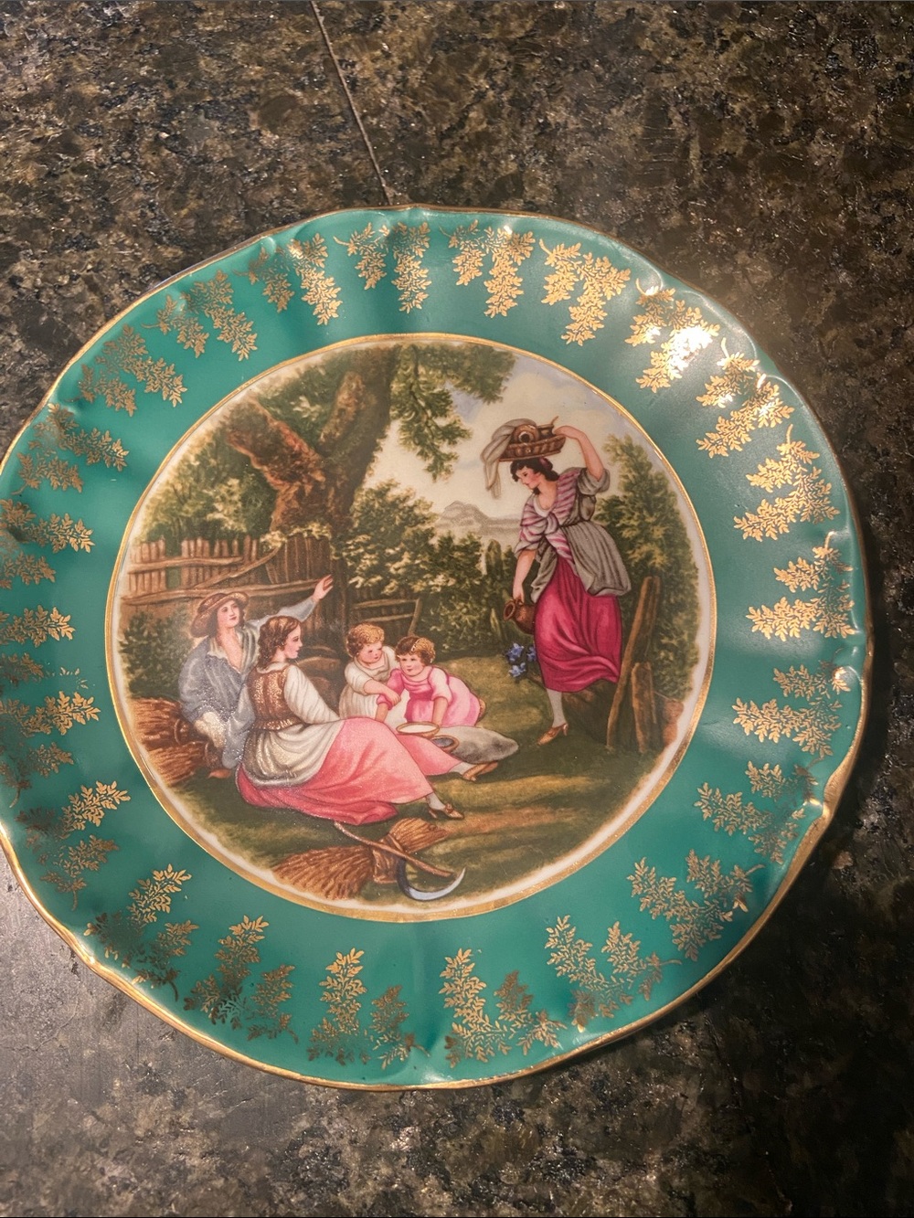 Decorative Green and Gold Vintage-Style Porcelain Plate
